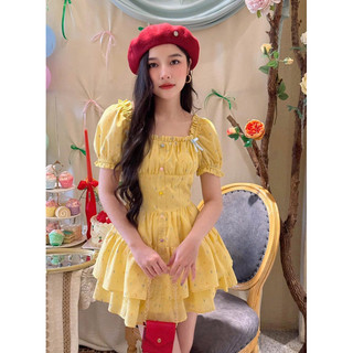 Đầm sọc vàng xanh thêu nhí
