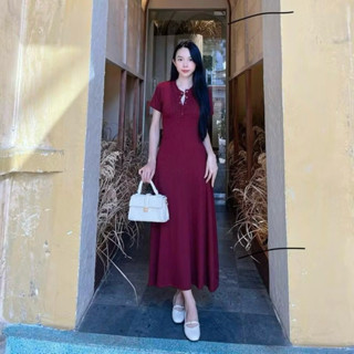 Váy tiểu thư dáng dài cổ trụ chất len mỏng dáng xoè ôm body cộc tay trơn basic thời trang sang chảnh