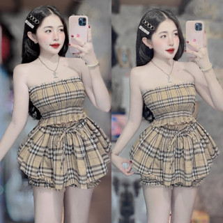 Set Bộ BBR Nâu Áo Quây Nhún Mocking Croptop + Chân Váy Xoè Tầng Có Lót Quần Bí Phồng