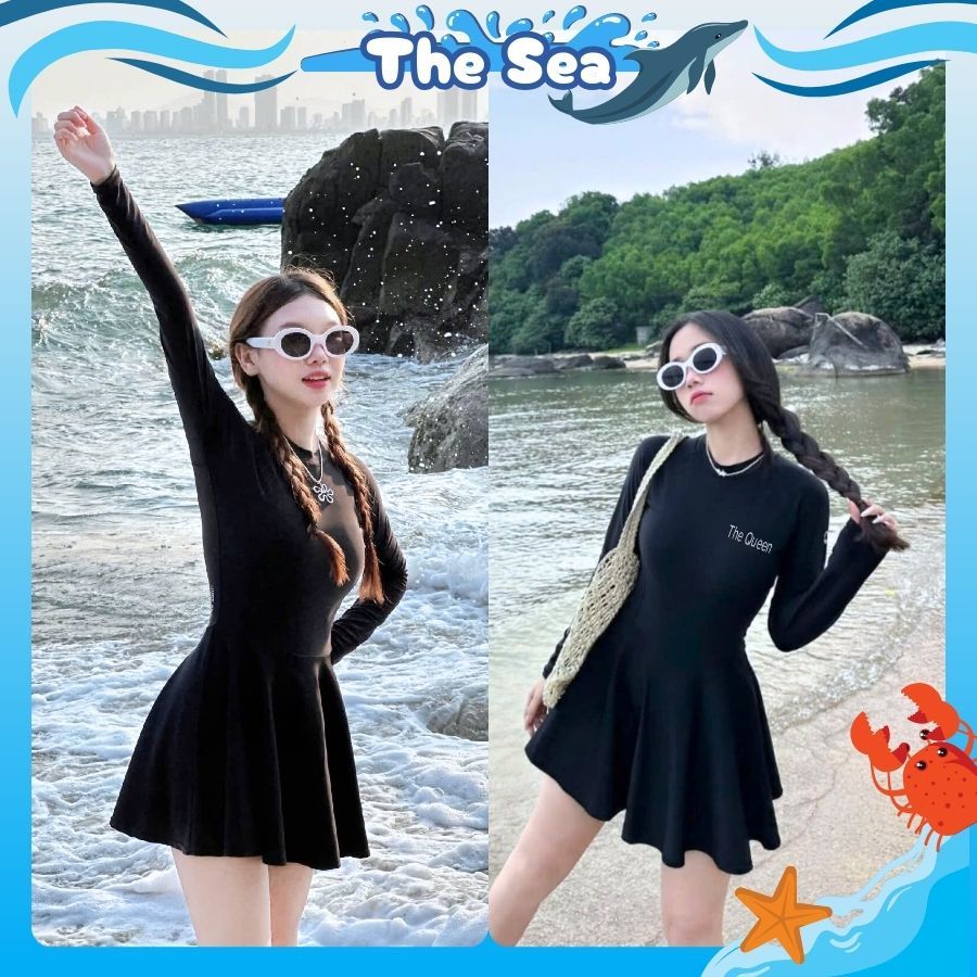 Đồ bơi nữ liền thân bikini đi biển 1 mảnh váy bên trong có quần đùi kín đáo phối khóa kéo tay dài và ngắn THE SEA 001 | BigBuy360 - bigbuy360.vn