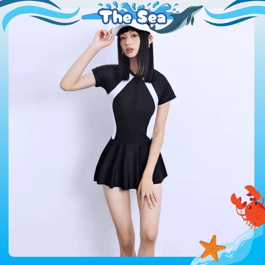 Đồ bơi nữ liền thân bikini đi biển 1 mảnh váy bên trong có quần đùi kín đáo phối khóa kéo tay dài và ngắn THE SEA 001 | BigBuy360 - bigbuy360.vn
