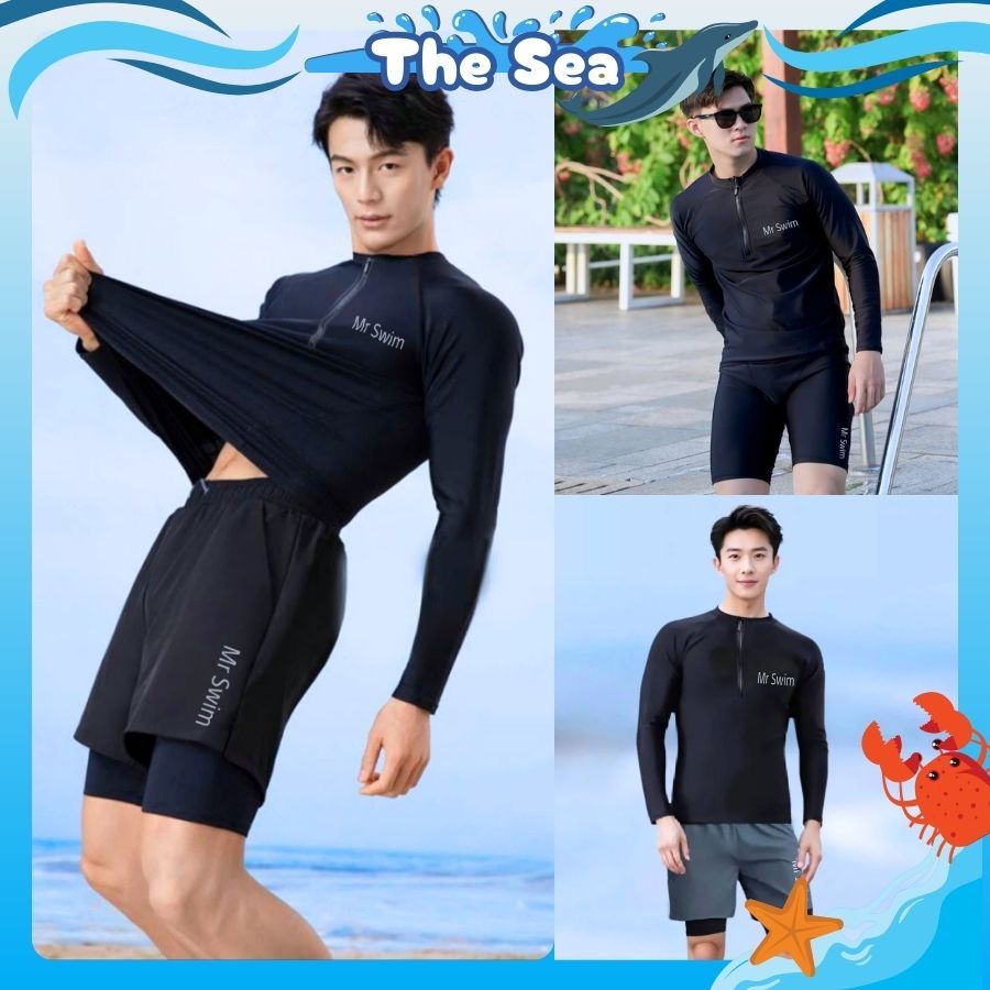 Đồ bơi nam size M - 3XL áo tay dài & tay ngắn có khóa zip kéo bộ đi biển quần đùi 2 lớp nguyên bộ màu đen The sea 044