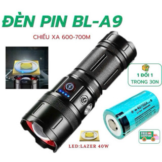 Đèn Pin BL-A9 Siêu Sáng Chiếu Gần Zoom Xa Hơn 600M, Full Kim Loại Kháng Nước Tốt Sạc Type-C.