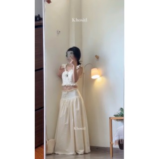 |Khositl| set áo crop nude bèo tay tiên cột dây nơ + chân váy midi xòe