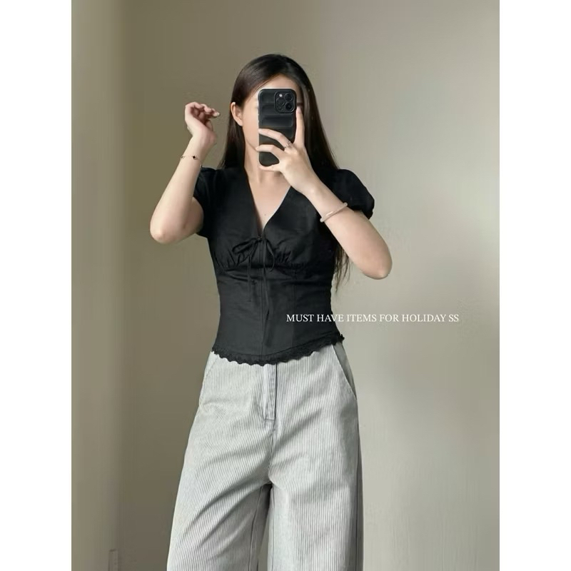 [BÈO BÉO BIGSIZE ] ÁO DIDI TOP CỔ V PHỐI NƠ TAY BỒNG FORM BIGSIZE 60-90KG | BigBuy360 - bigbuy360.vn
