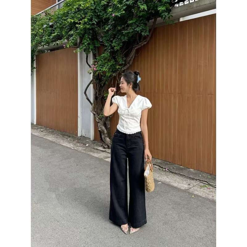 [BÈO BÉO BIGSIZE ] ÁO DIDI TOP CỔ V PHỐI NƠ TAY BỒNG FORM BIGSIZE 60-90KG | BigBuy360 - bigbuy360.vn