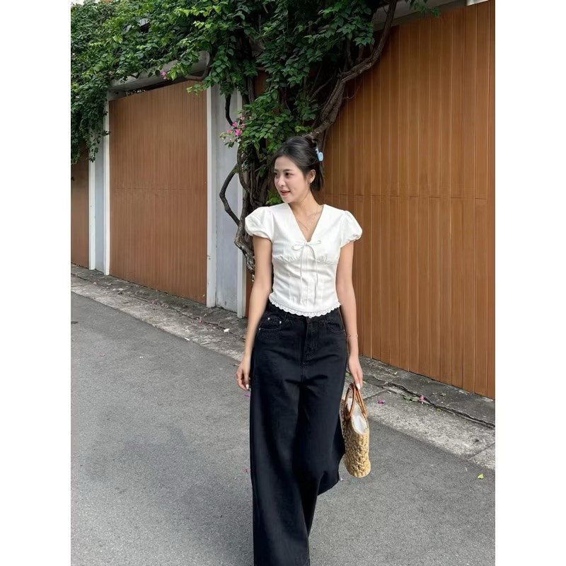 [BÈO BÉO BIGSIZE ] ÁO DIDI TOP CỔ V PHỐI NƠ TAY BỒNG FORM BIGSIZE 60-90KG | BigBuy360 - bigbuy360.vn