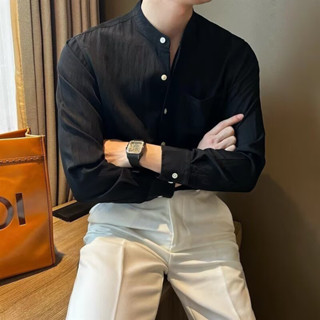 Áo sơ mi đũi dài tay cổ trụ, áo sơ mi nam tay dài thiết kế cổ tàu chất liệu linen thoáng mát