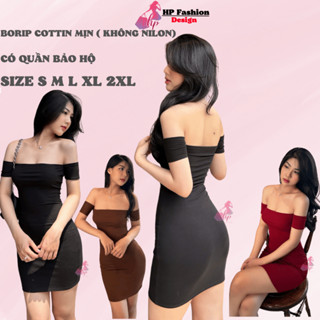 [Cotton mịn qc] Đầm trễ vai body dáng ngắn body không mút, váy kiểu nữ màu đen nâu sáng da đi tiệc bigsize HP29