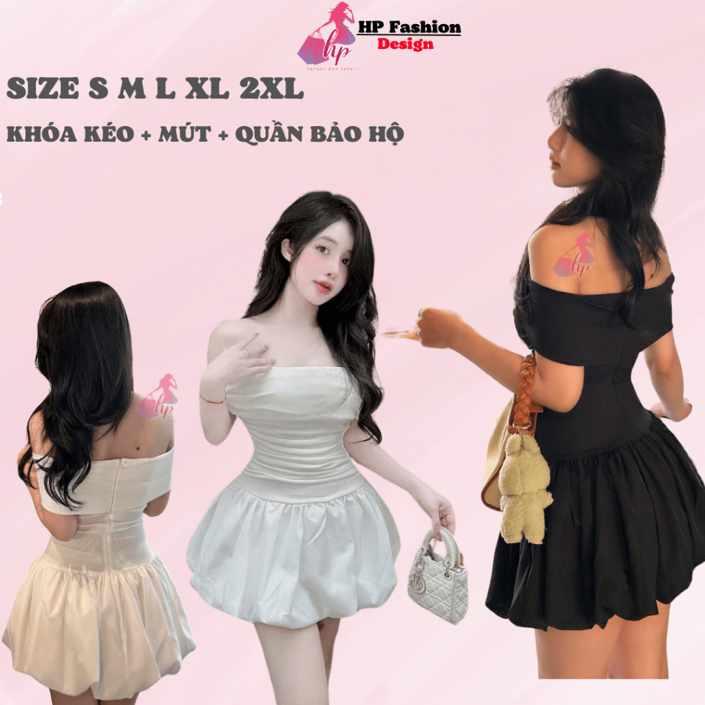 Đầm bí ngô phồng dáng ngắn body cúp v1 bẹt vai có mút, váy kiểu nữ màu đen  trắng đi tiệc tiểu thư sang chảnh HP28 | BigBuy360 - bigbuy360.vn