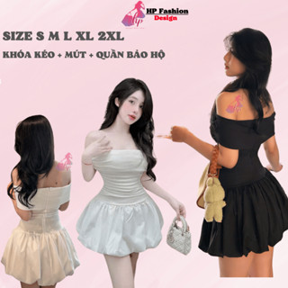Đầm bí ngô phồng dáng ngắn body cúp v1 bẹt vai có mút, váy kiểu nữ màu đen  trắng đi tiệc tiểu thư sang chảnh HP28