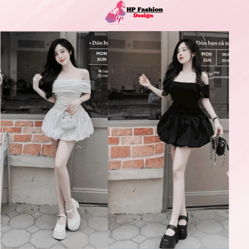 Đầm bí ngô phồng dáng ngắn body cúp v1 bẹt vai có mút, váy kiểu nữ màu đen  trắng đi tiệc tiểu thư sang chảnh HP28 | BigBuy360 - bigbuy360.vn