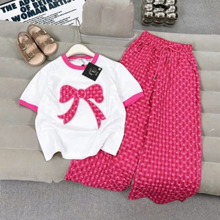 SÉT BỘ QUẦN DÀI ÁO THUN BÉ GÁI ( HỌA TIẾT TIM NƠ TRẮNG- ĐEN ) VẢI MỀM MỊN SIZE 9-45 KG M112