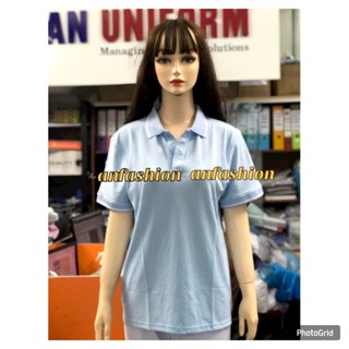 Áo thun có cổ cho nam nữ màu xanh da trời nhạt viền trắng vải poly thái dày dặn _ Hình chụp thật