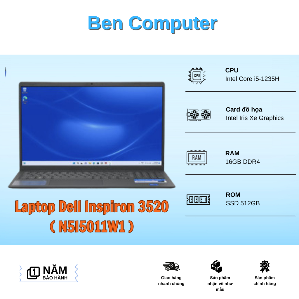 Laptop Dell Inspiron 3520 ( N5I5011W1 ) | Intel Core I5 - 1235U | RAM 16GB | 512GB SSD | Intel Iris 