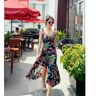 Đầm Maxi Cánh Tiên Xẻ Tà Đi Biển Siêu Xinh Họa Tiết Nền Xanh Đen ( nhiều size)