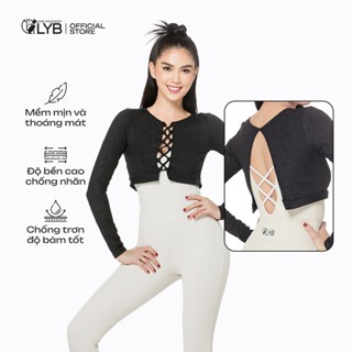 Áo khoác thể thao croptop LYB dáng ngắn tay dài, phối lưới co giãn thoải mái, màu đen basic dễ phối