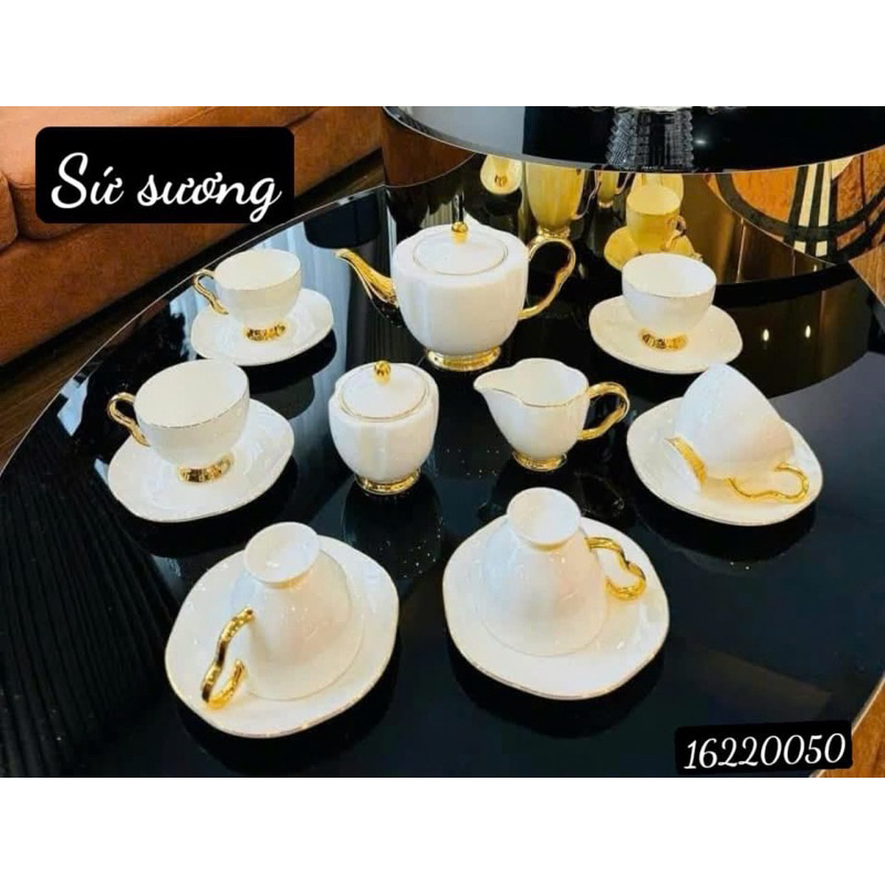 Bộ ấm chén sứ uống trà màu trắng viền vàng cao cấp, sang trọng,  hàng decor cao cấp