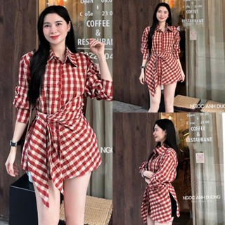 Set bộ đồ thời trang nữ kẻ sọc caro xinh áo sơ mi lụa mềm mại thắt dây eo phối cùng quần đùi kaki xịn