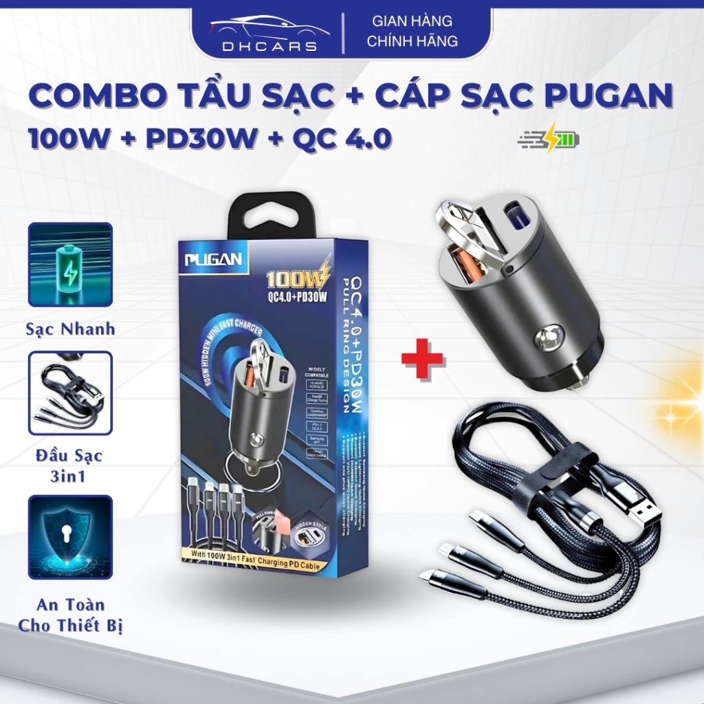 Tẩu Sạc Ô Tô PUGAN 100W, 2 Cổng USB và Type-C, Sạc Siêu Nhanh