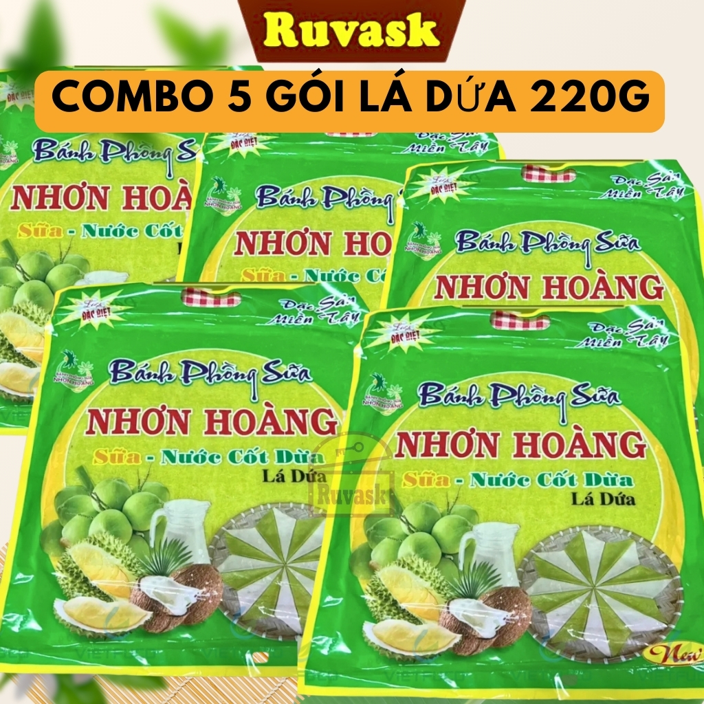 Combo 5 Bịch Bánh Phồng Sữa Nhơn Hoàng Lá Dứa 220gr Thơm Ngon - Bánh Tráng Sữa Cốt Dừa Lá Dứa - Đặc Sản Miền Tây Ruvask