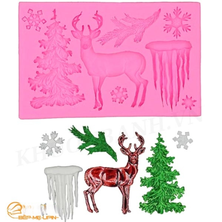 Khuôn silicon tuần lộc cây thông bông tuyết vỉ 8 chi tiết noen làm bánh
