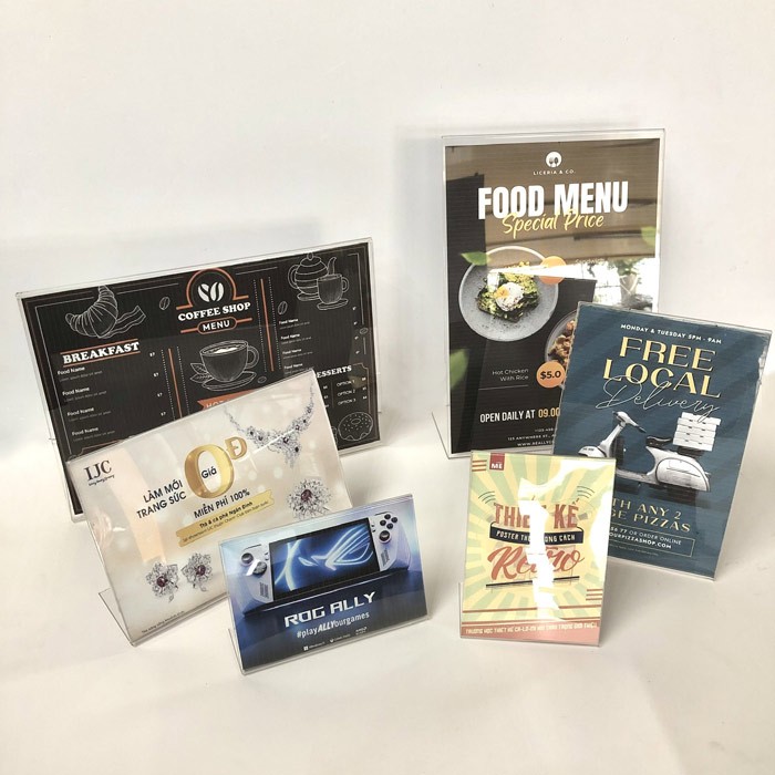 Menu MICA để bàn chữ L - Kích thước A3, A4, A5 - Bảng menu Mica chữ L