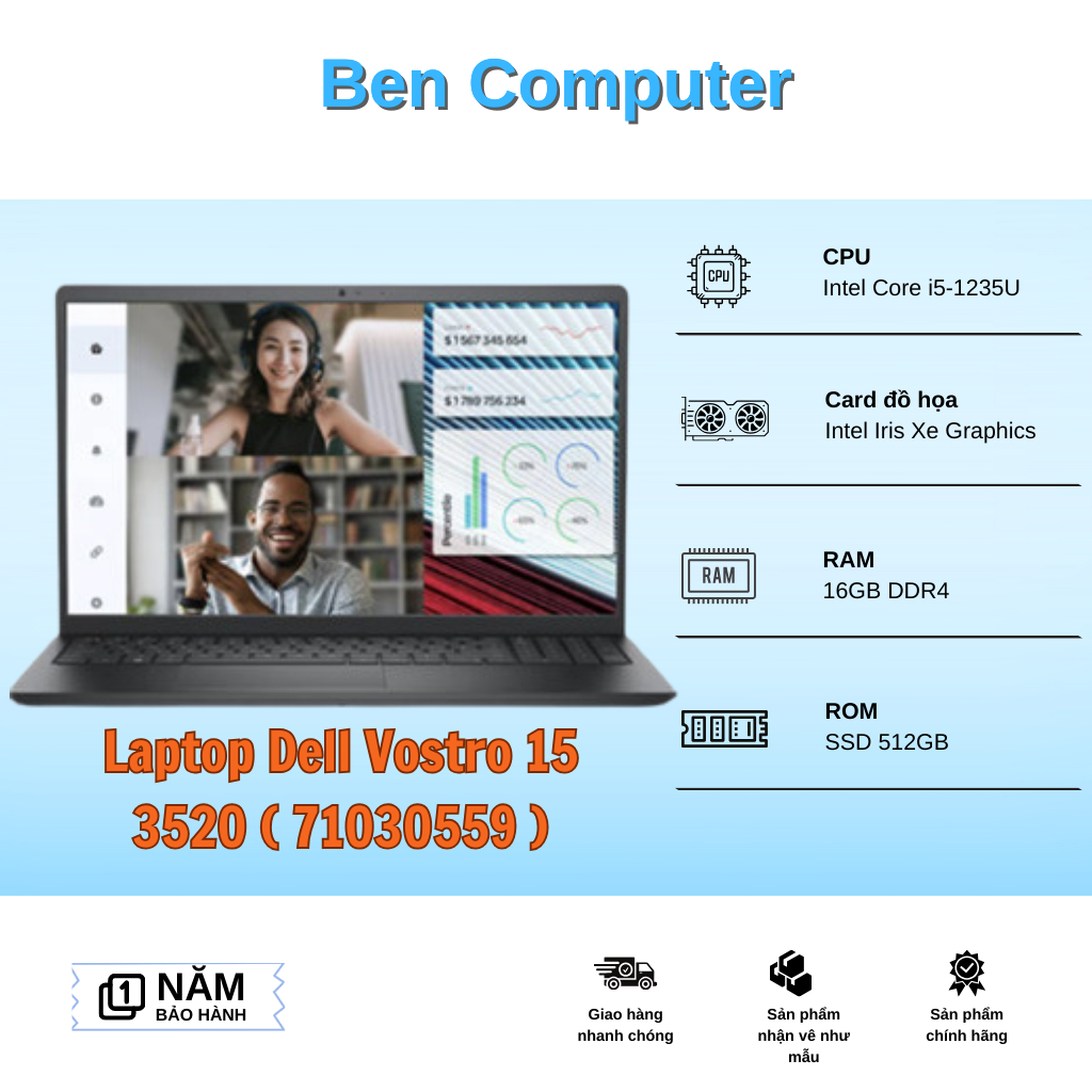 Laptop Dell Vostro 15 3520 ( 71030559 ) | Xám | Intel Core I5-1235U | RAM 16GB | 512GB SSD | Intel I