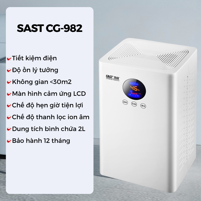 Máy hút ẩm gia đình SAST CG-982, máy hút ẩm lọc không khí 2L cao cấp, chống nồm ẩm, công suất hút ẩm mạnh mẽ