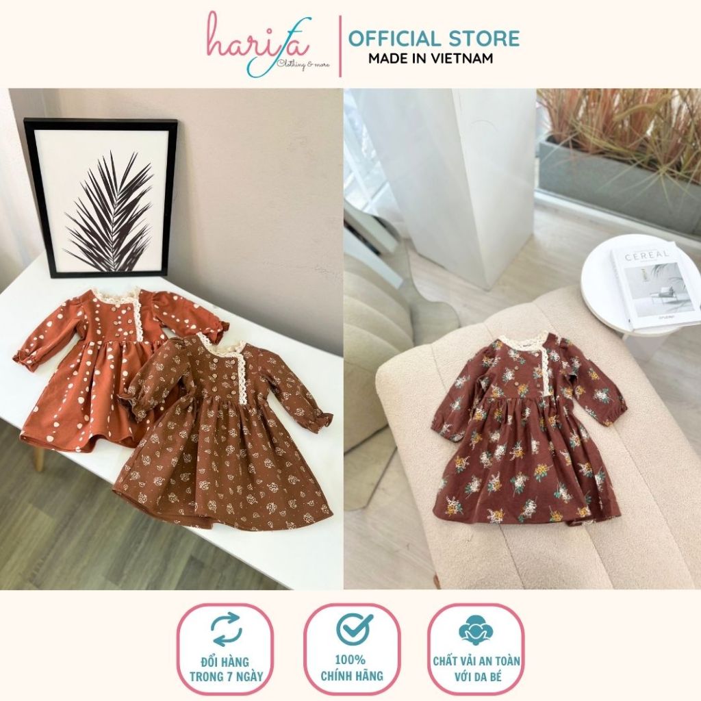harifa Váy đầm dài tay thu đông cho bé gái phong cách tiểu thư dễ thương hàng thiết kế VT163