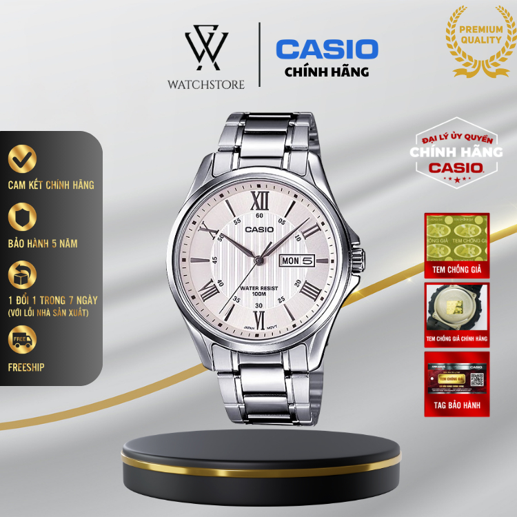 Đồng Hồ Nam Casio MTP-1384D-7AVDF Màu Trắng Kính Khoáng 41mm Chống Nước Dây Kim Loại Không Gỉ Chính 