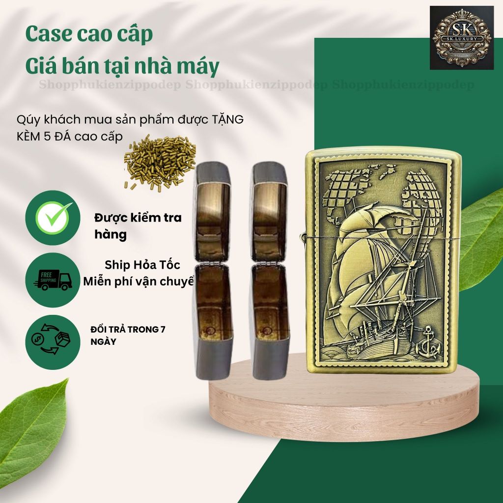 Case Zippo độc lạ, mẫu Thuyền  vỏ đồng cao cấp ,  tặng 5 đá zippo (YTH2)