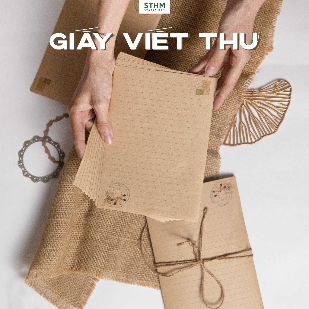 [STHM stationery] - Xấp 10 tờ giấy viết thư vintage khổ A5 nhiều mẫu, kraft nâu 100gsm, kem 100gsm, 