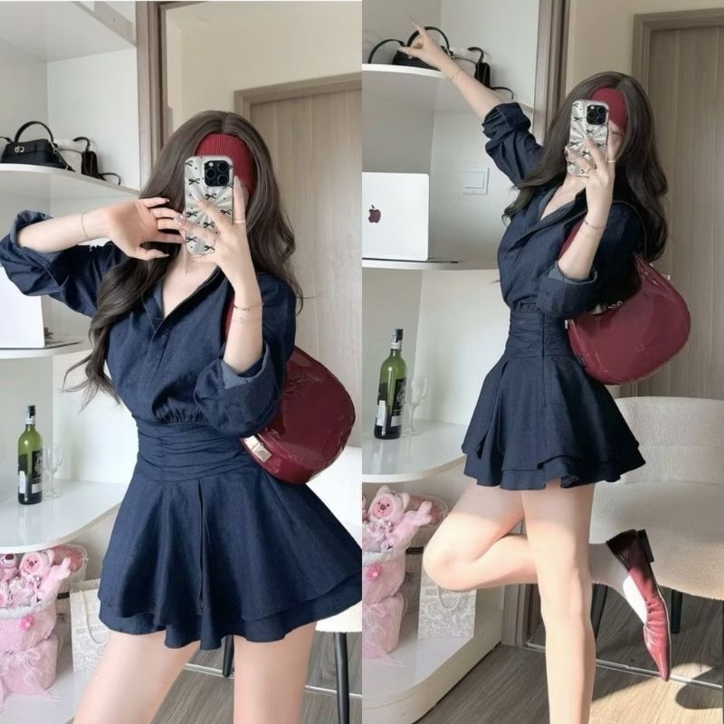 ( Hàng shop): Váy Sơ Mi Bò Dài Tay Demind Xòe 2 Tầng Nhún Eo Siêu Xinh Lu Store