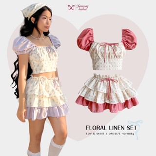Set áo trễ vai chân váy xếp ly dáng bồng xoè phong cách coquette set váy ngắn linen hoa nhí cao cấp