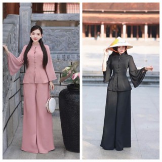 Set bộ lam, pháp phục thanh lịch kiểu dáng cách tân nhẹ nhàng, set áo tay loe dài cổ trụ phối quần suông 2 tone màu