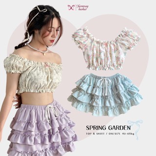 Set áo trễ vai chân váy xoè set đồ nữ áo croptop hoa nhí tay bồng chân váy tầng phồng linen cao cấp