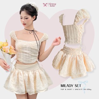 Set áo trễ vai tay phồng ren dáng croptop kèm chân váy tafta tầng ngắn xếp ly bồng xoè kiểu coquette
