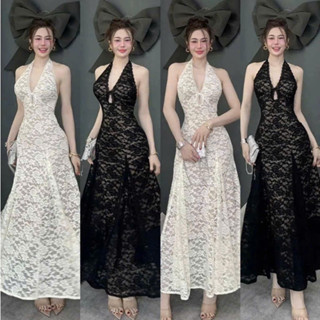  Đầm thiết kế sang chảnh siêu tôn dáng cho nàng đi tiệc cực xinh 2 tone màu đầm maxi cổ yếm redn hoa tùng xòe dáng dài 