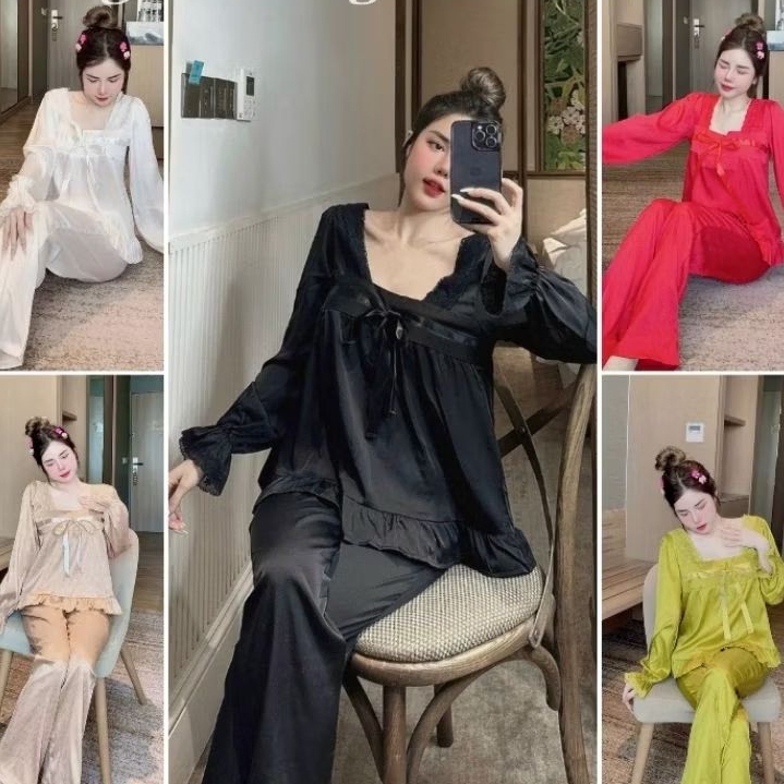 Bộ Pizama Ngủ Lụa Tay Dài Quần Dài