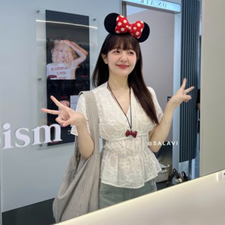 Áo babydoll thô boil cổ V hoạ tiết hoa nhí, áo kiểu nữ viền eo Salavi N2 011