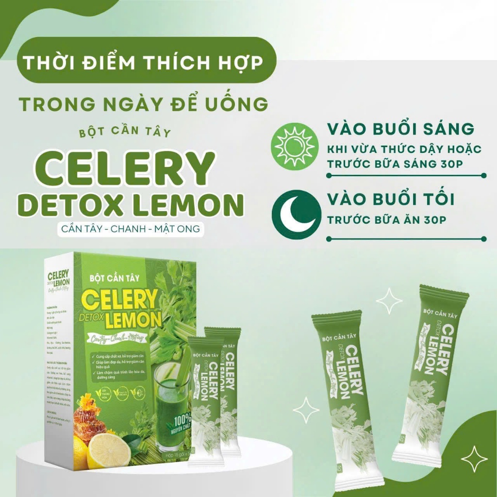 Trà Detox cần tây, chanh, mật ong giảm cân cấp tốc, giảm mỡ, siết eo, đẹp da, kiểm soát cân nặng - Hộp 15 gói