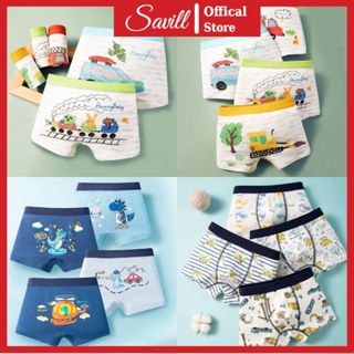 Combo 4 Quần lót bé trai dáng đùi hoạ tiết cao cấp, Set 4 Quần sịp trẻ em cotton mềm mịn SAVILL