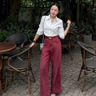 Quần jean ống suông lưng cao màu đỏ mận thời trang Callene (L2616)