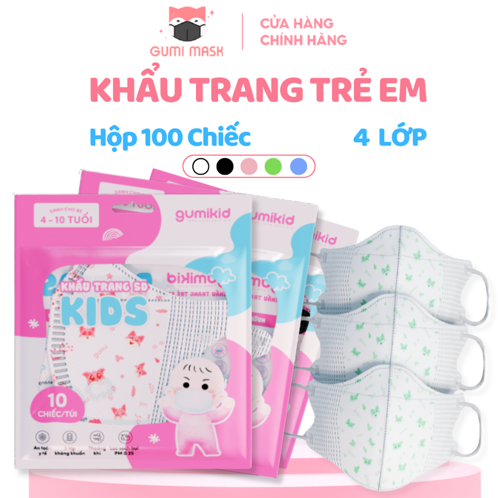 [4-10 TUỔI]  Hộp 100 chiếc Khẩu trang trẻ em 5D Gumi 3 lớp mask kháng khuẩn lọc bụi PM 2.5