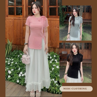 Áo thun tay ngắn cổ tròn thiết kế thắt nơ xẻ tà chất borip cotton 4 chiều phong cách thanh lịch