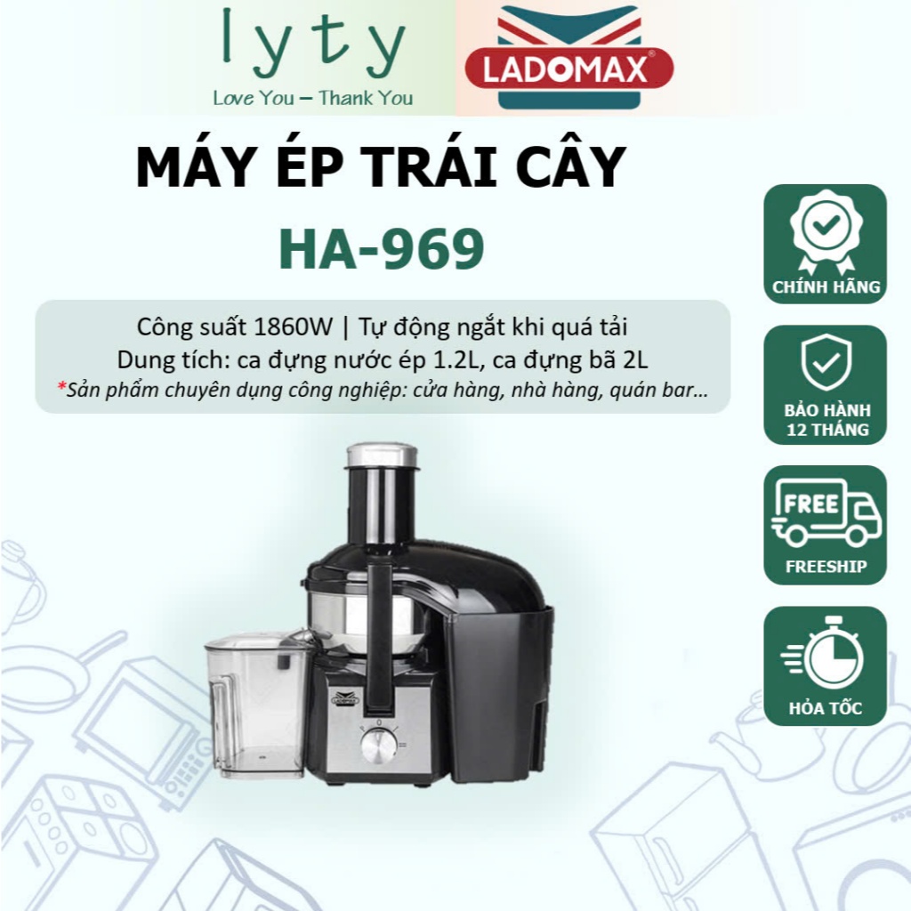 Máy Ép Trái Cây Công Nghiệp Ladomax HA-969 - Dung Tích 1.2L, Kích Thước 40x20.5x40cm, Màu Đen