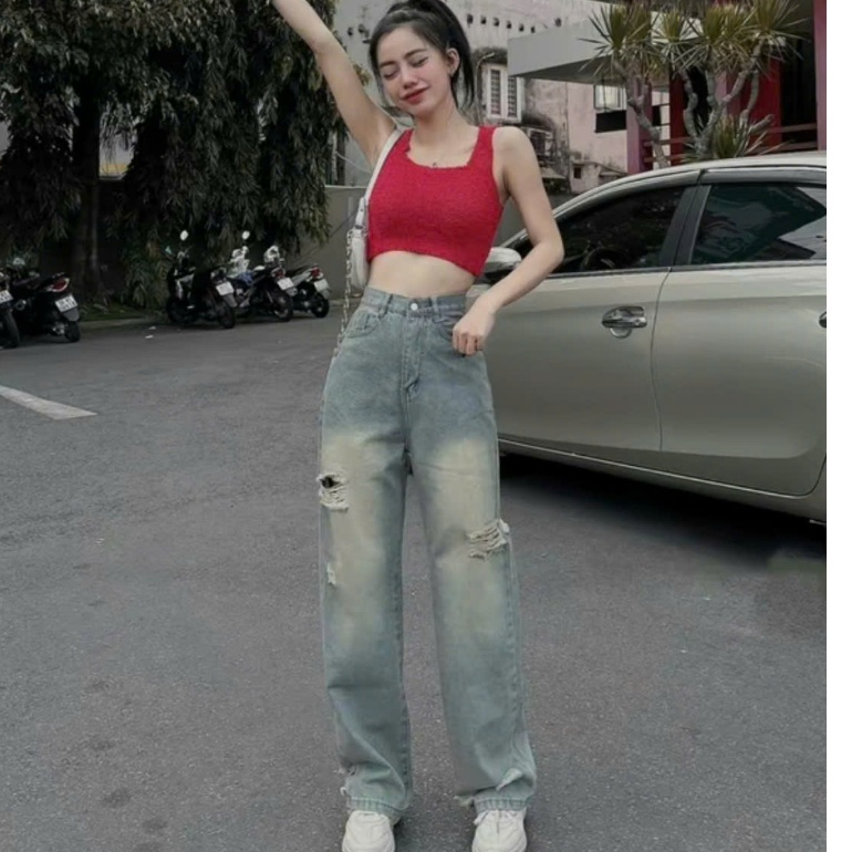 Quần beggy màu xanh kiểu rách ống rộng lưng cao thiết kế trẻ trung cá tính solo-store-BG1236