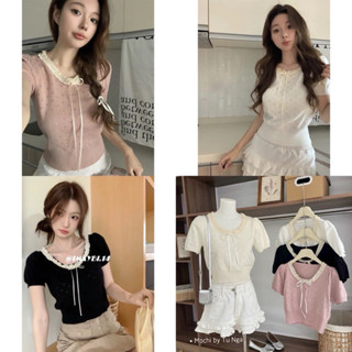  Áo thun dệt kim  áo len tay ngắn tay ngắn cổ tròn pha ren cột nơ màu đen trắng hồng chất len mịn không ngứa không xù 