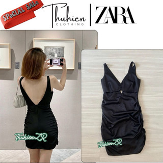THUHIENZR(sẵn XS)Váy mini ZARA 3564/199/800 lụa cutout ba lỗ đen nhún thân dưới(kèm ảnh thật)